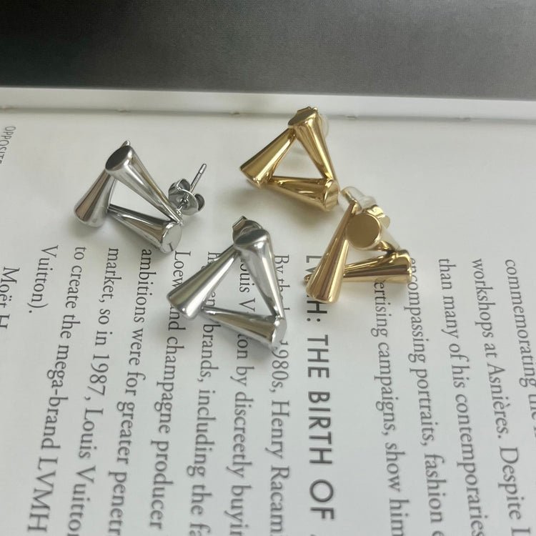 Non-tarnish hypoallergenic earrings with a sculptural triangle design, perfect for trendy everyday style