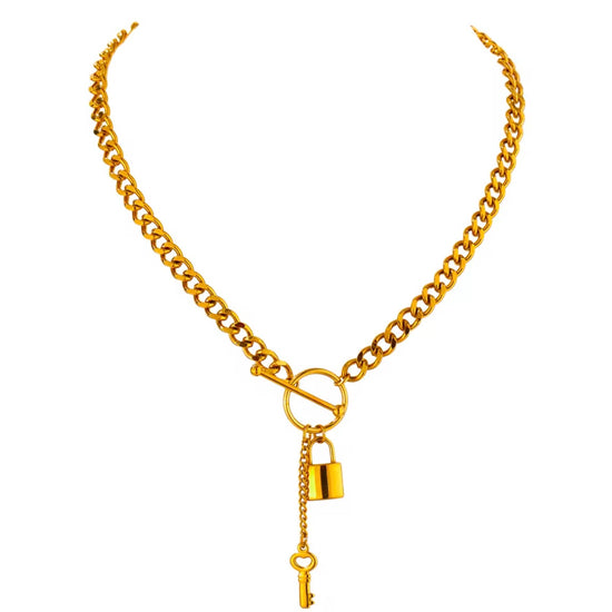 Add a touch of edge to your look with our Lock & Key Chain Necklace. The thick cuban link design is both bold and stylish, while the unique lock and key feature adds a touch of romance. A must-have statement piece for any fashionista.

Made to last! 

Tarnish and Water Resistant, Hypoallergenic

 

18 inches long 

 

18k Gold PVD Plated over 316L Stainless Steel base.  

 

 