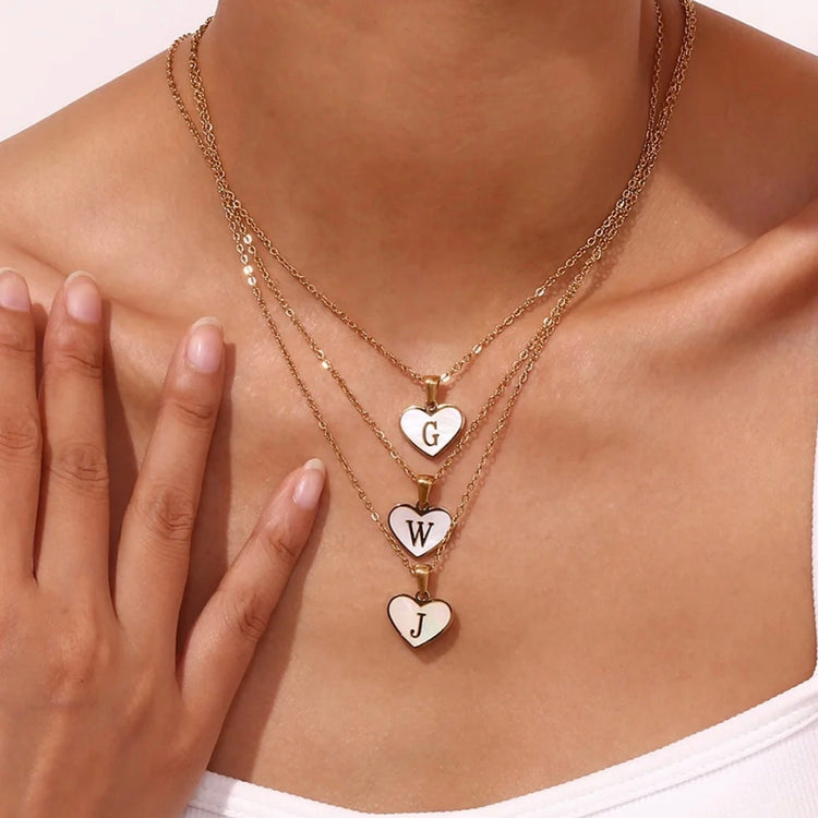 Mother of Pearl Heart Initial Necklace ELSSIZ