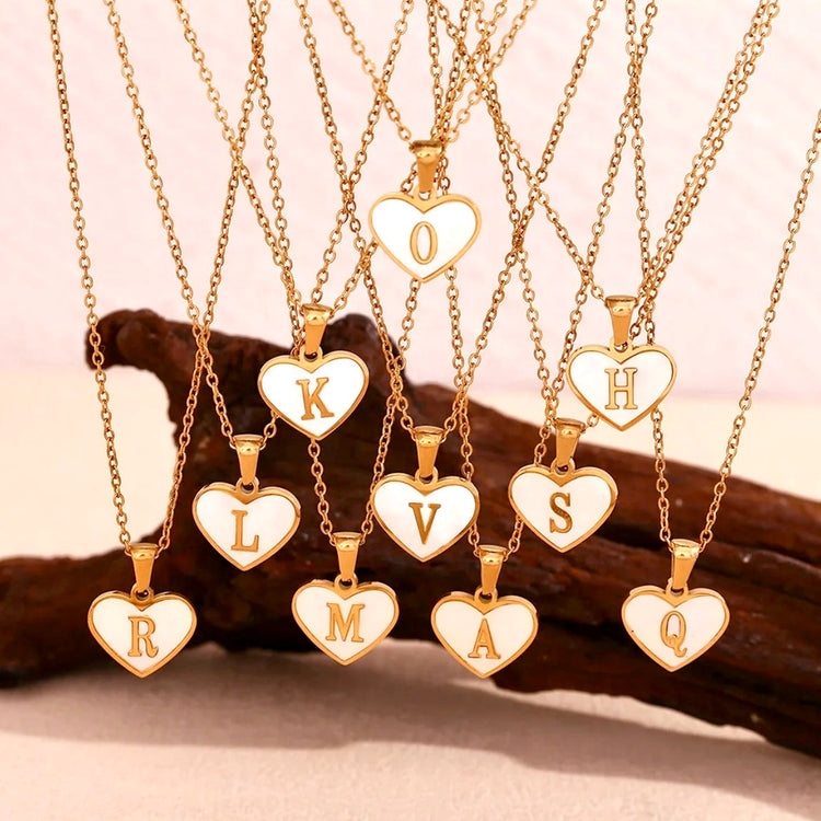 Mother of Pearl Heart Initial Necklace ELSSIZ