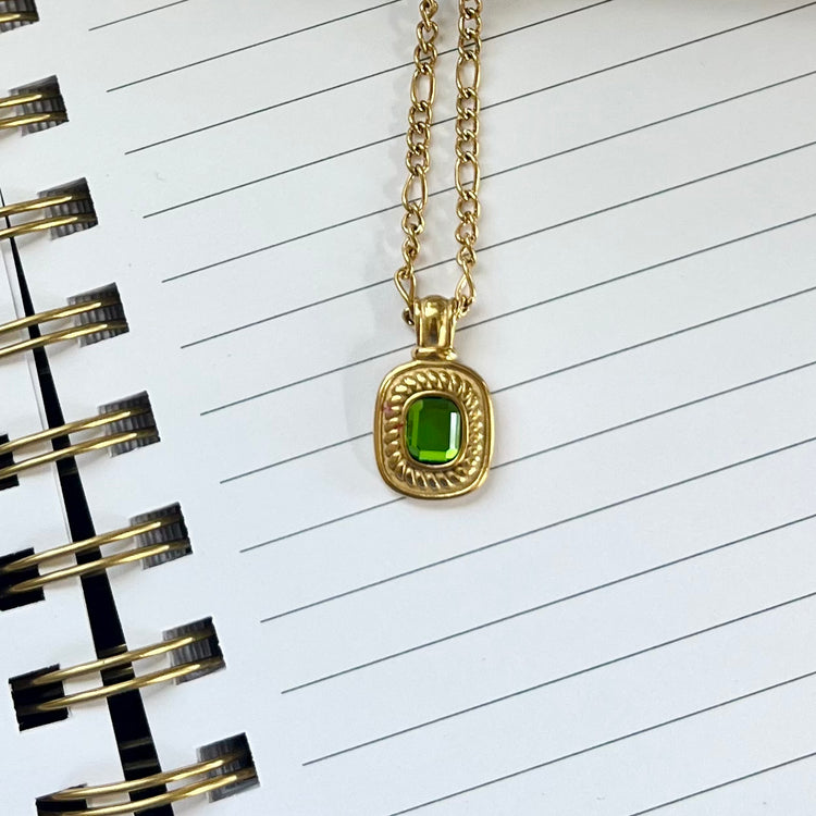Gold vintage emerald cut pendant necklace with green crystal on gold chain - waterproof and hypoallergenic