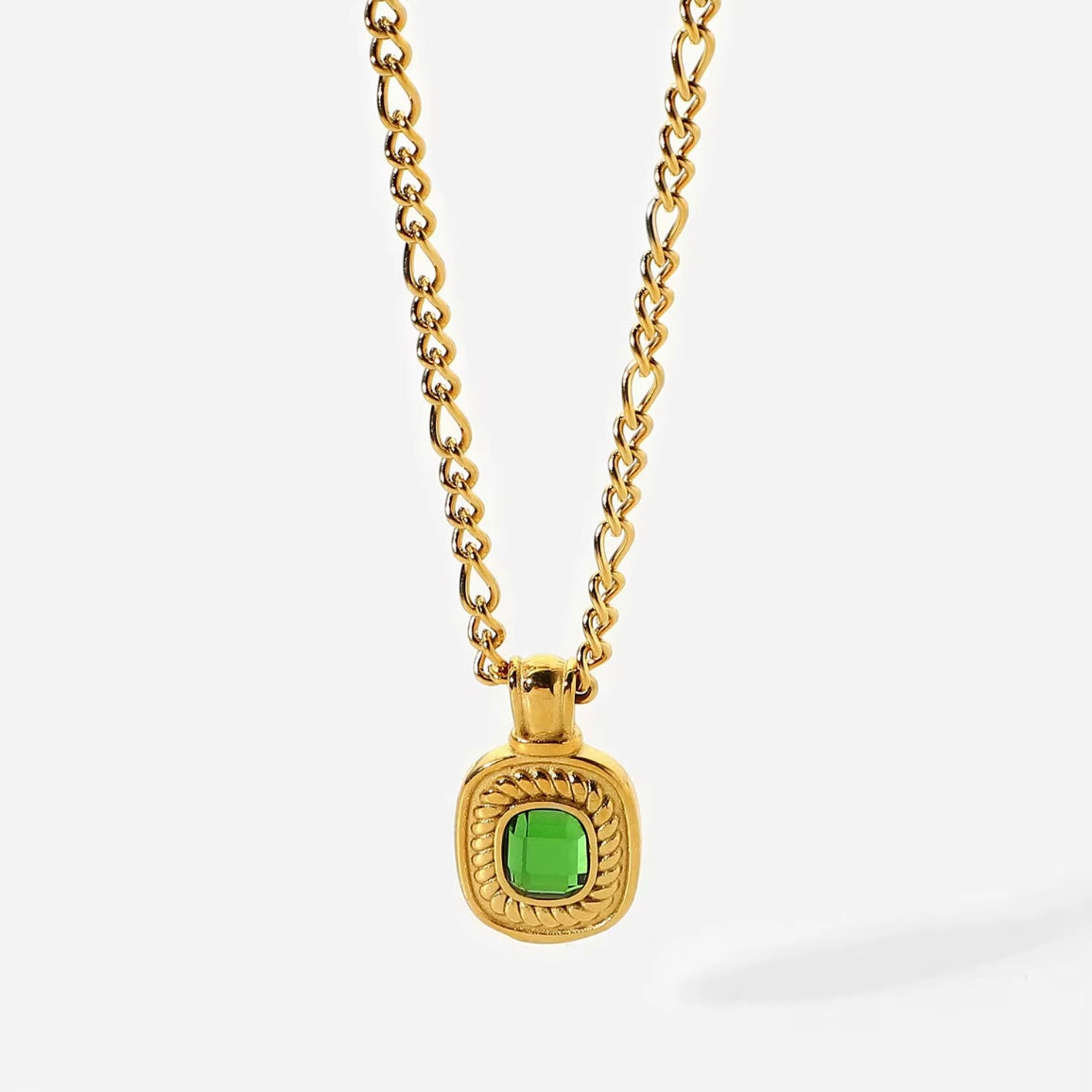Gold vintage emerald cut pendant necklace with green crystal on gold chain - waterproof and hypoallergenic
