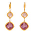 Gold earrings with purple gemstones on a white background