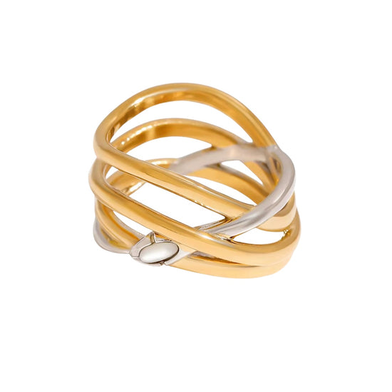 Mailey two tone gold and silver fashion ring with sculptural wrap design, non-tarnish and waterproof stainless steel jewelry