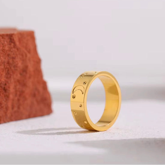 Gold Moon and Stars engraved ring for women