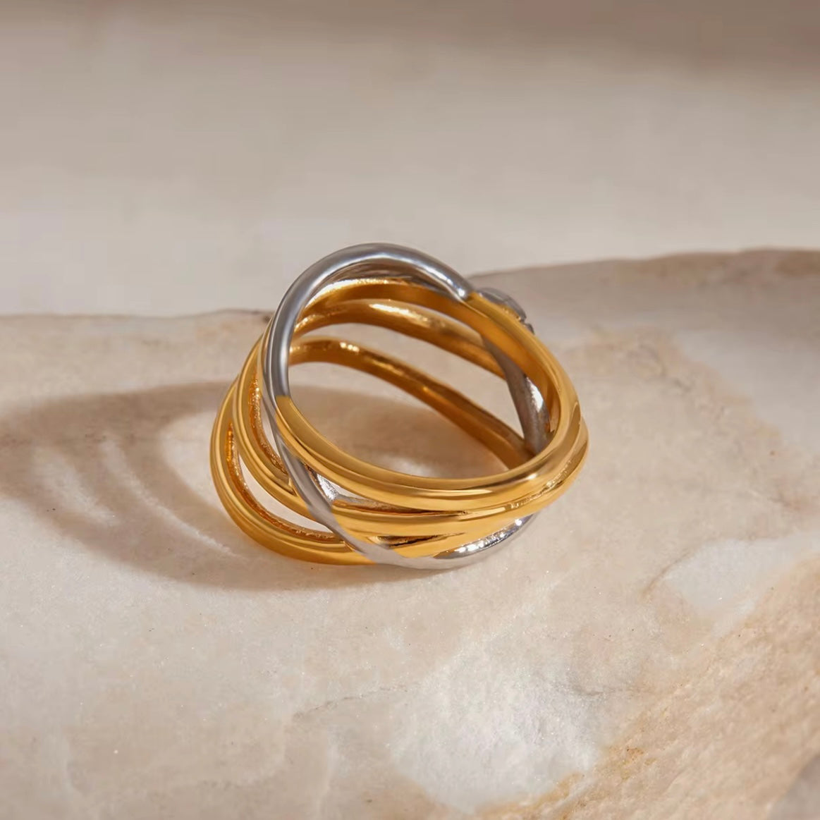 Mailey two tone gold and silver fashion ring with sculptural wrap design, non-tarnish and waterproof stainless steel jewelry