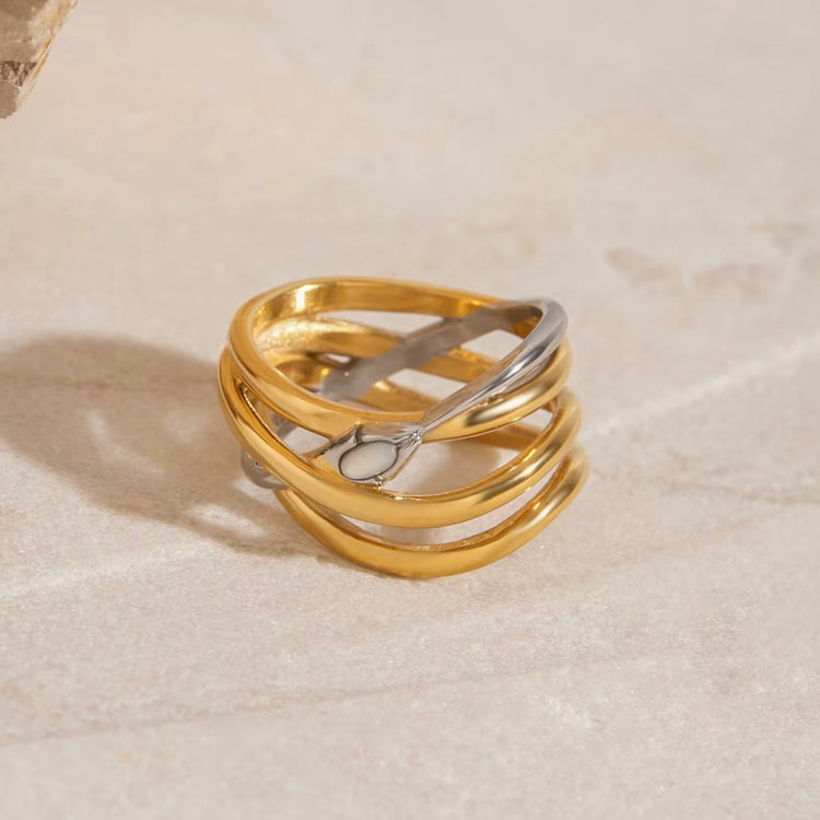 Mailey two tone gold and silver fashion ring with sculptural wrap design, non-tarnish and waterproof stainless steel jewelry