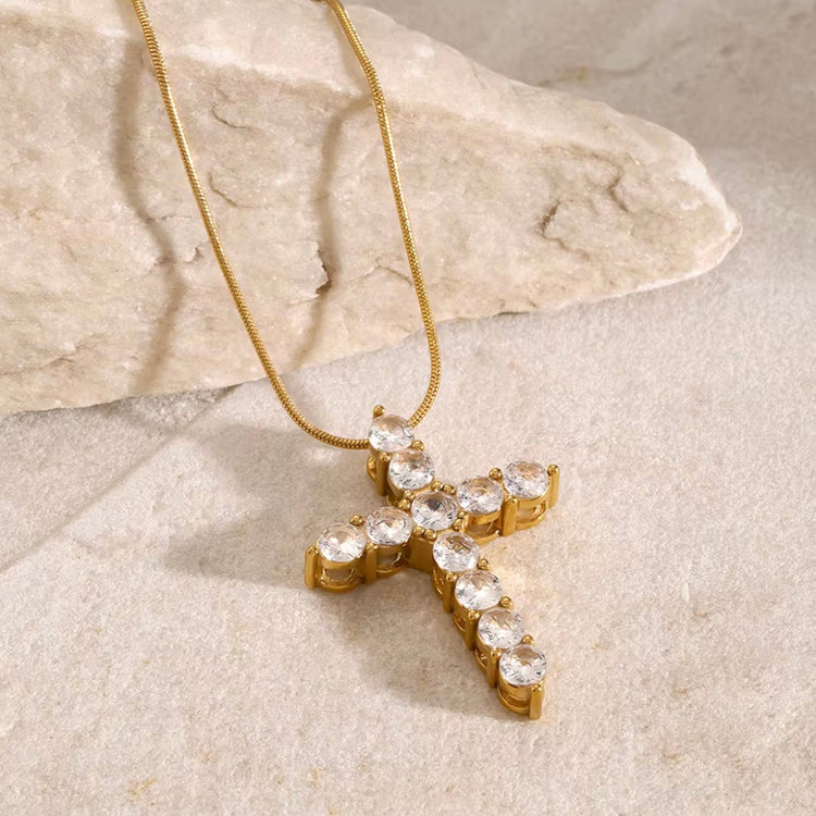 Statement Rhinestone Cross Necklace ELSSIZ
