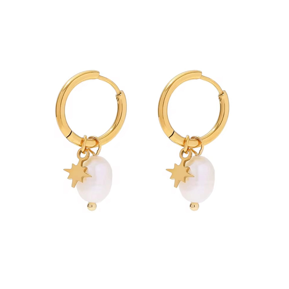Delicate Sandy Freshwater Pearl Star Charm Earrings – hypoallergenic non-tarnish waterproof gold earrings with pearls and celestial star drop
