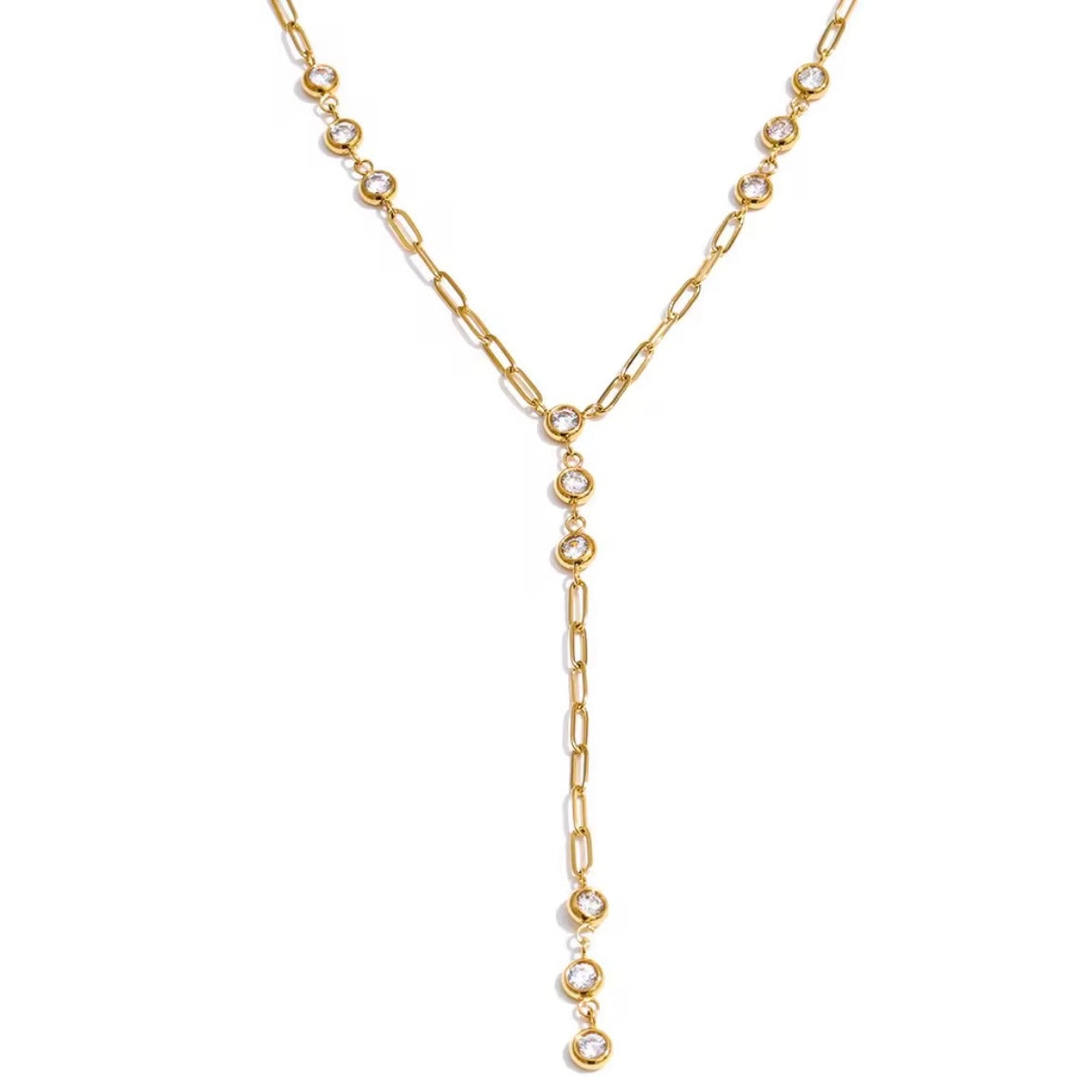 Gold Celeste Drop Necklace in a lariat Y-style design with bezel-set cubic zirconia stones, waterproof and non-tarnish jewelry by ELSSIZ