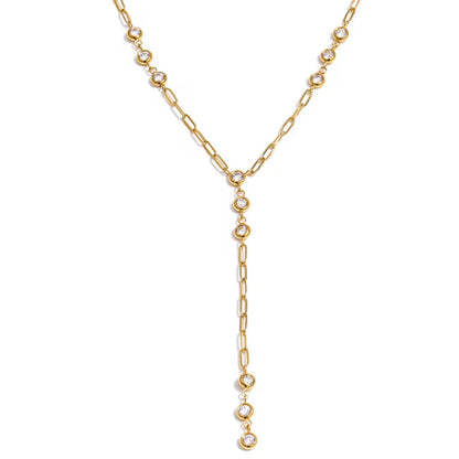 Gold Celeste Drop Necklace in a lariat Y-style design with bezel-set cubic zirconia stones, waterproof and non-tarnish jewelry by ELSSIZ