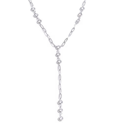 Silver Celeste Drop Necklace featuring a lariat-style Y chain with bezel-set cubic zirconia accents, hypoallergenic waterproof jewelry from ELSSIZ