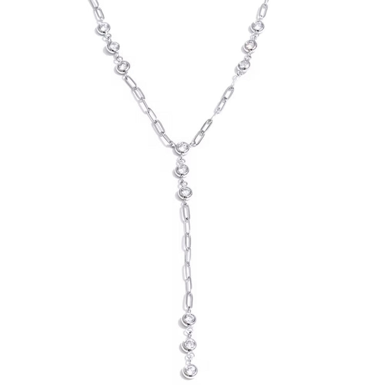 Silver Celeste Drop Necklace featuring a lariat-style Y chain with bezel-set cubic zirconia accents, hypoallergenic waterproof jewelry from ELSSIZ