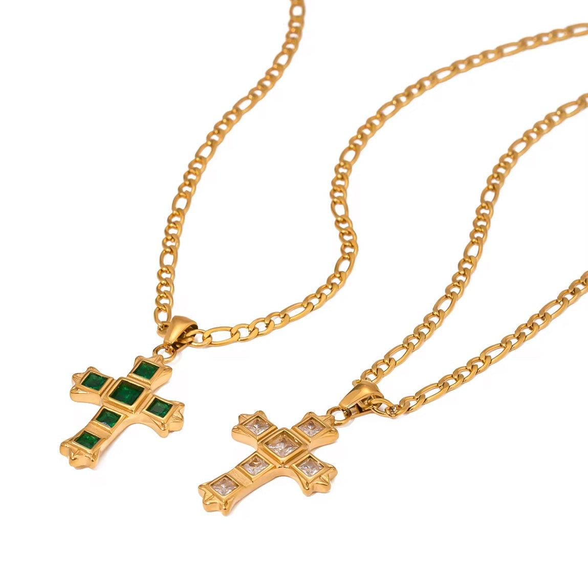 Gold cross necklace with emerald green stones