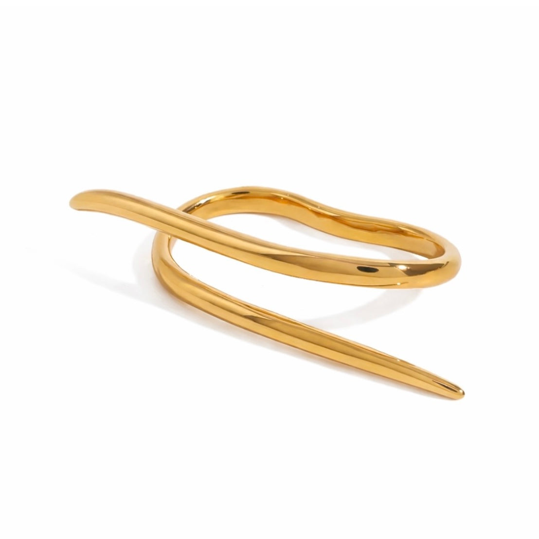 Gold Double Avira ring with sculptural double band design on white background.