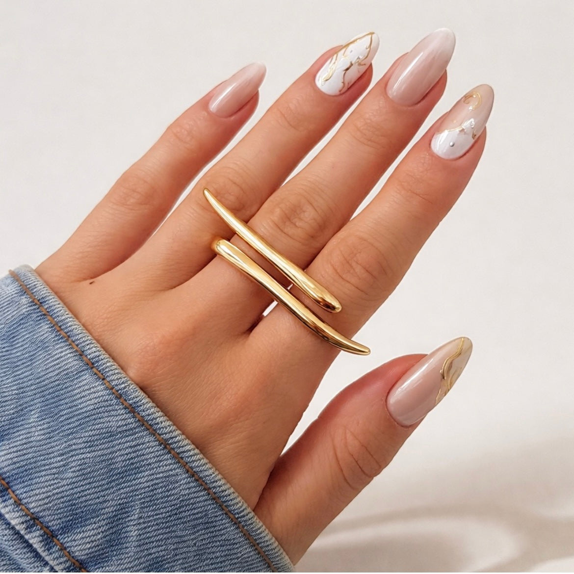 Double Avira gold statement ring on hand, waterproof non tarnish stainless steel ring by ELSSIZ