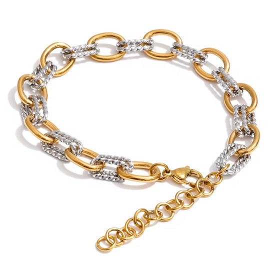 Madison two-tone link bracelet in gold and silver stainless steel, waterproof and non-tarnish bracelet from ELSSIZ shown on a white background