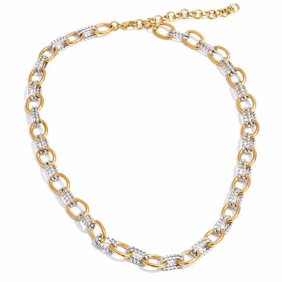 Madison two-tone link chain necklace featuring gold and silver stainless steel links, waterproof and non-tarnish jewelry from ELSSIZ.