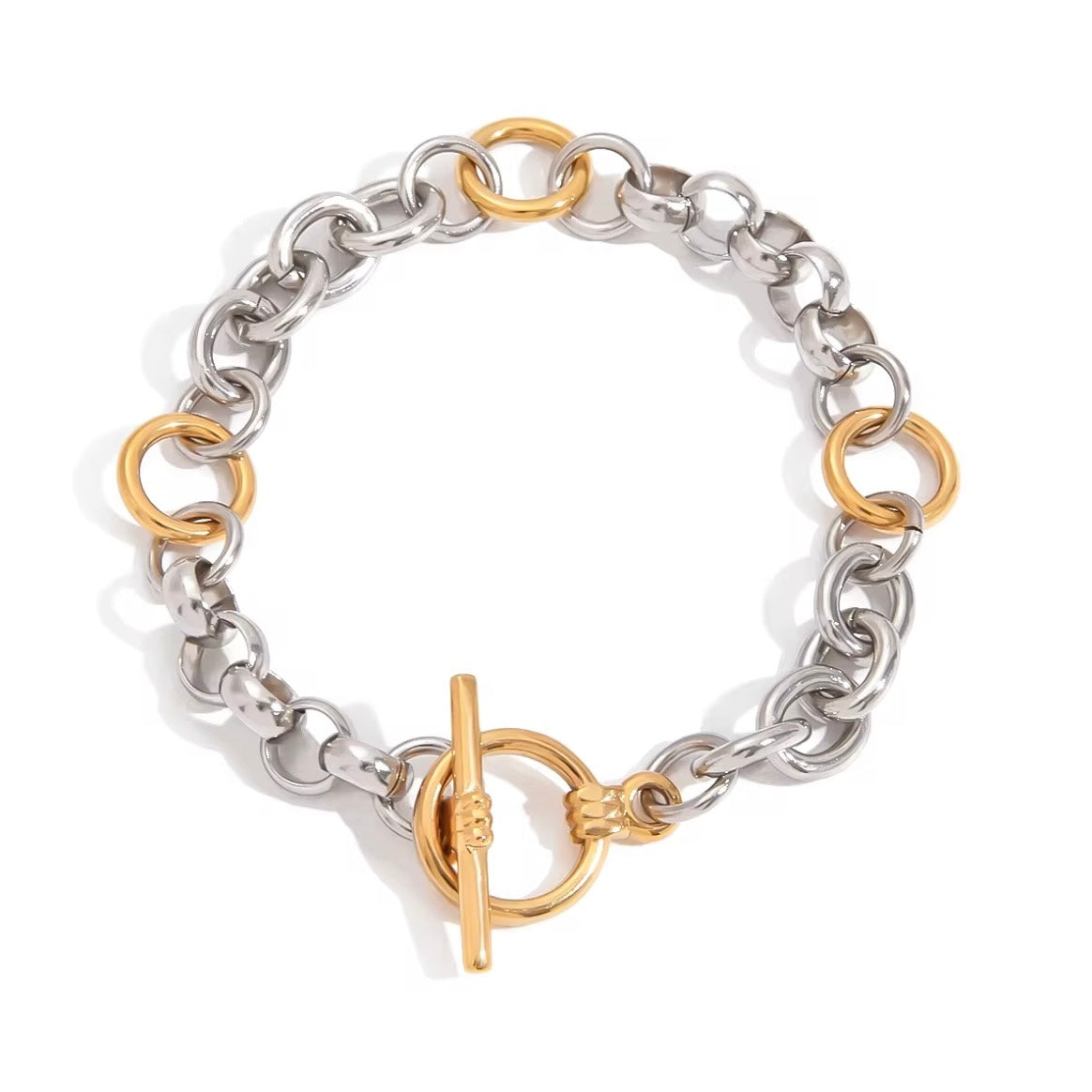 Maren mixed metal toggle bracelet with polished silver links and gold accents stainless steel non tarnish women’s bracelet