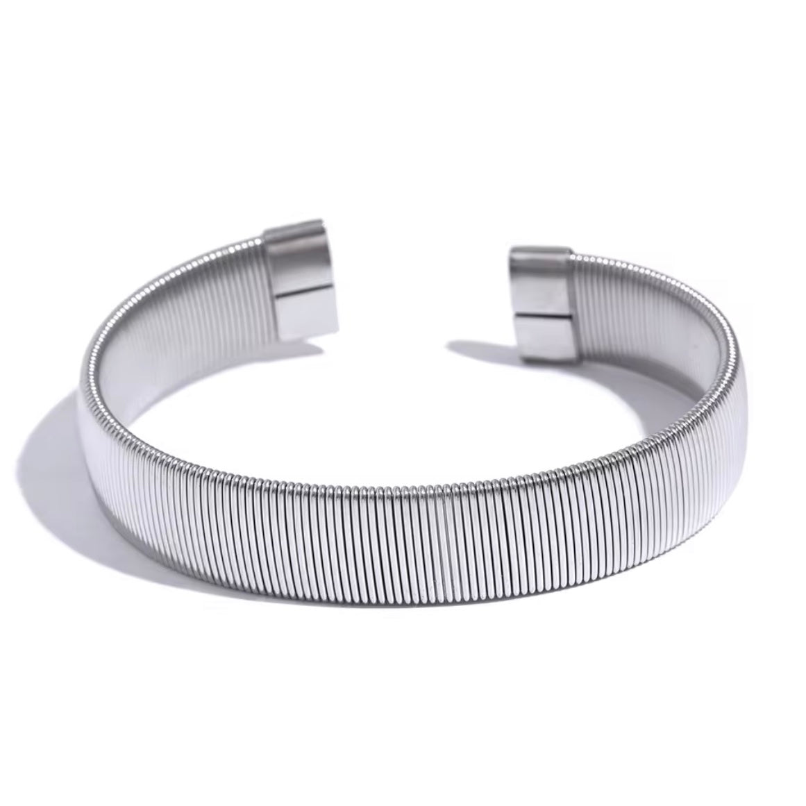 Silver textured band cuff bracelet made from polished stainless steel, non-tarnish minimalist jewelry by ELSSIZ