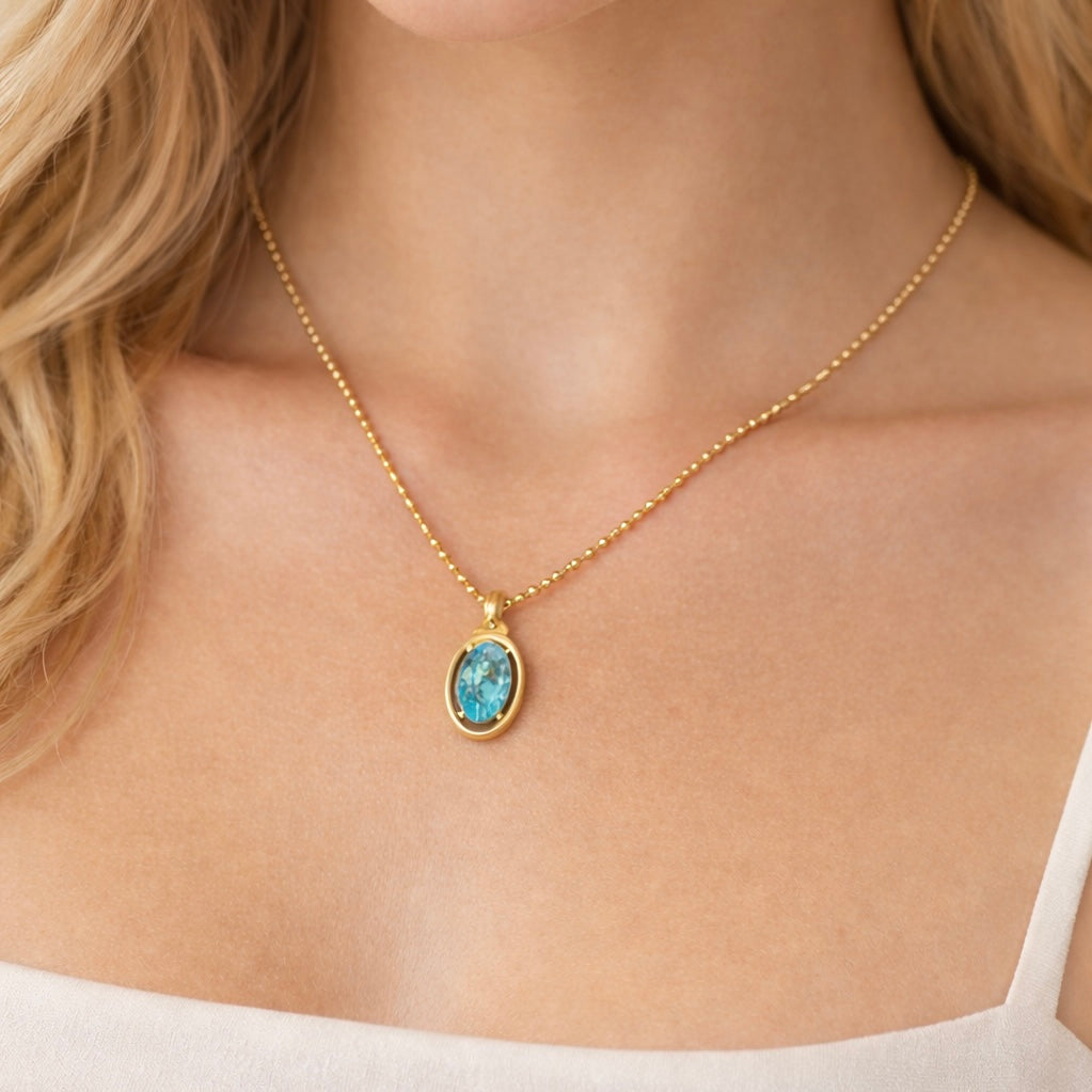 Skye Light Aqua Pendant Necklace – 18K Gold Plated Stainless Steel ELSSIZ