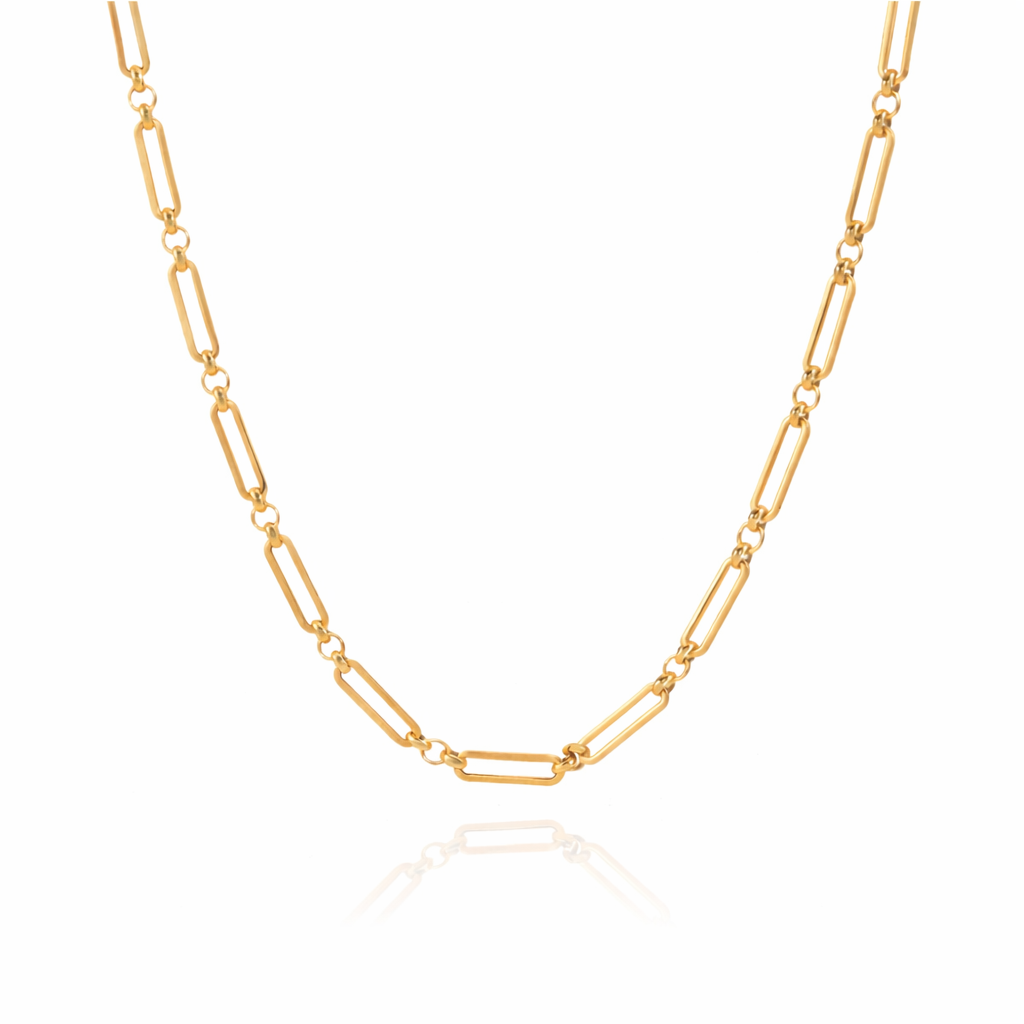 Close-up of a short gold paperclip chain necklace sitting at the collarbone for a layered look