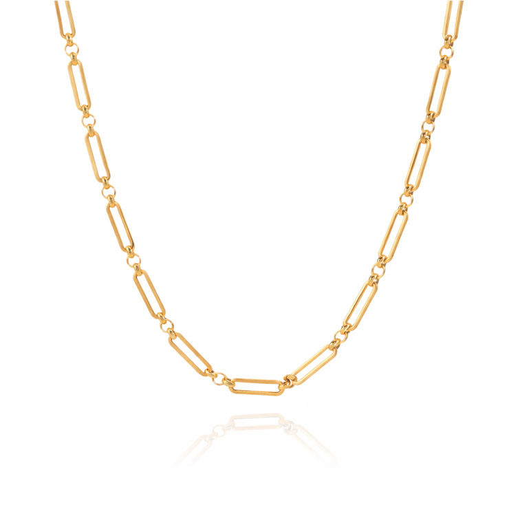 Close-up of a short gold paperclip chain necklace sitting at the collarbone for a layered look