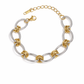 Tessa two tone stainless steel link bracelet with gold accents on white background waterproof hypoallergenic jewelry.