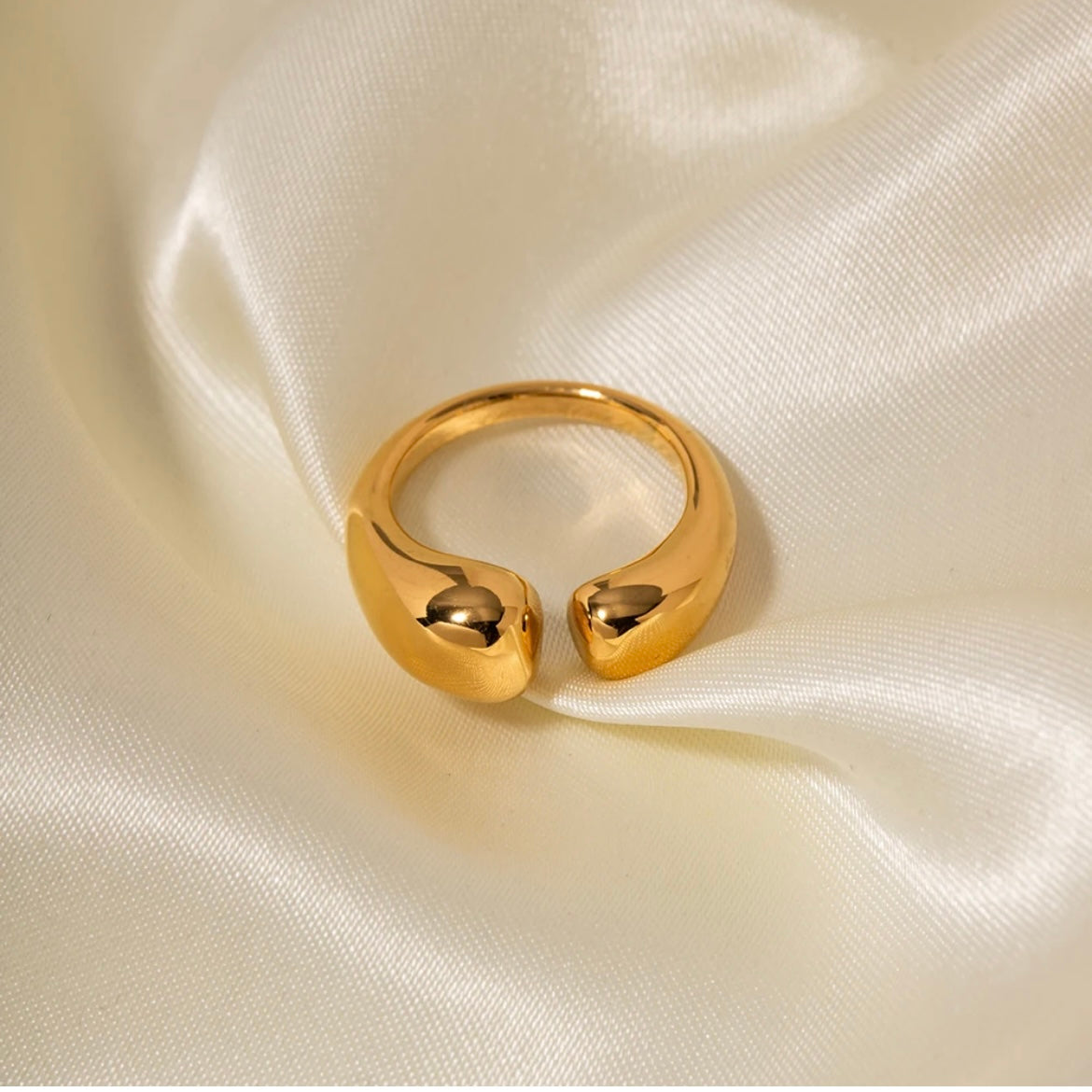 Gold Veda open ring on silk background, non tarnish waterproof stainless steel statement ring