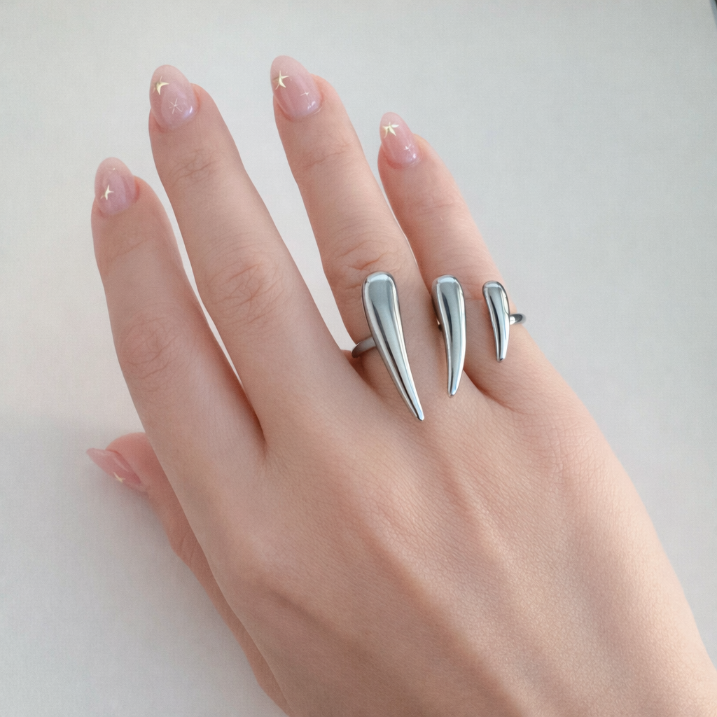 Silver Vesper dual spike ring worn on hand, stainless steel statement ring by ELSSIZ