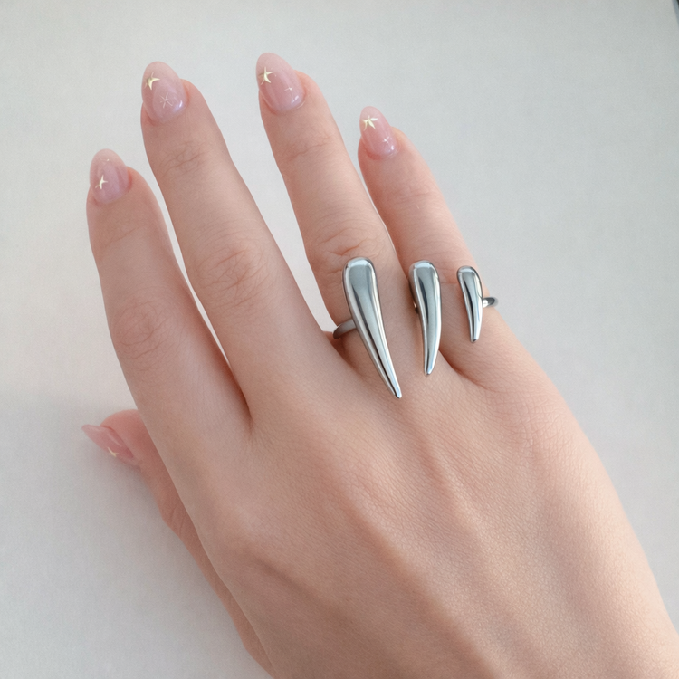Silver Vesper dual spike ring worn on hand, stainless steel statement ring by ELSSIZ